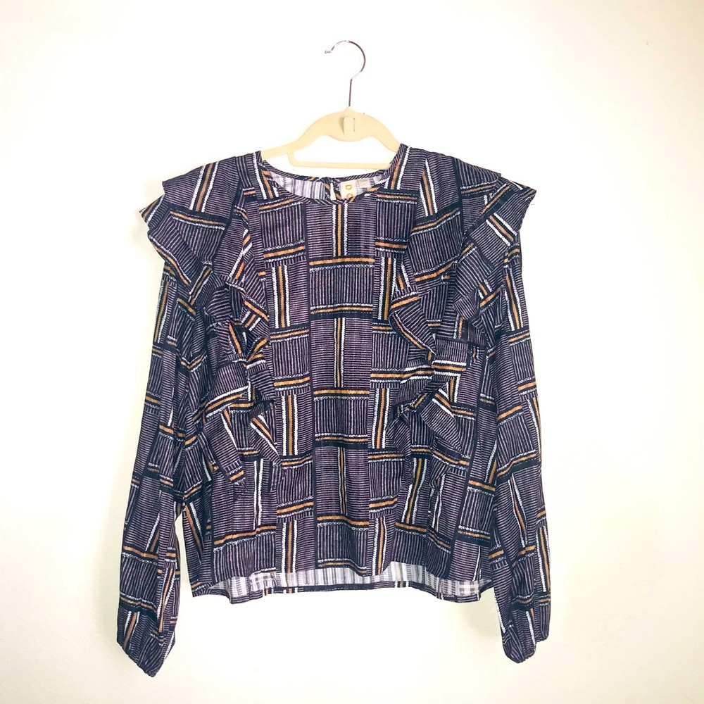 Black/White/Orange Yellow Fun Print Top w/ Ruffles